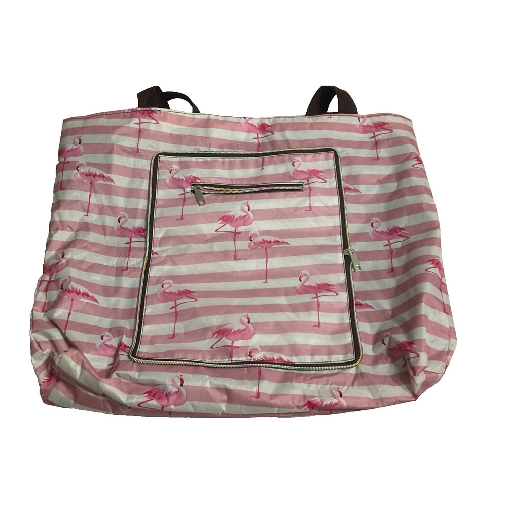 XL Reusable Tote Beach Bag striped storage‎ zippered Pink Flamingos